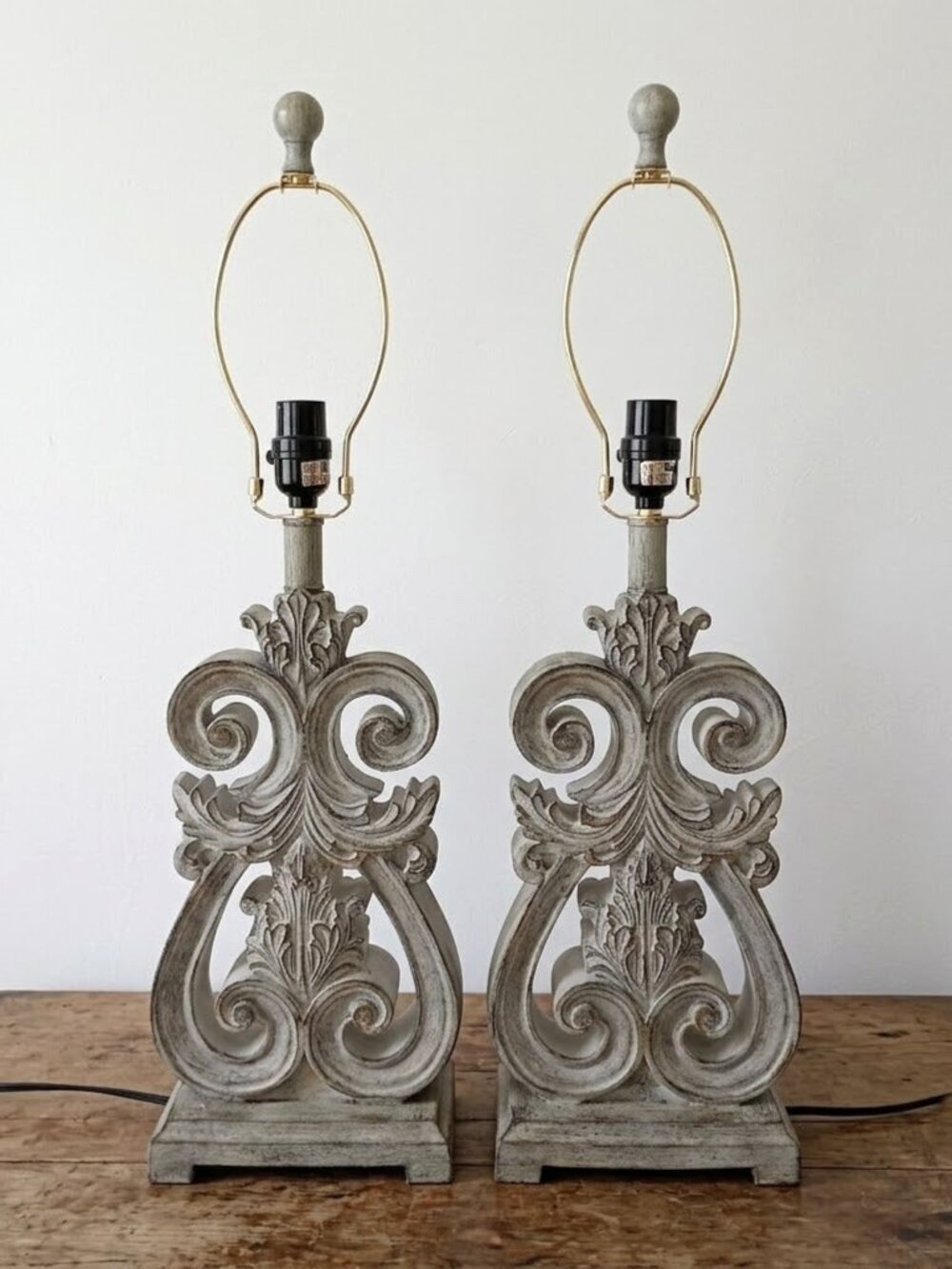 Set of 2 French Provincial Style Table Lamps Distressed Grey Scrollwork Country